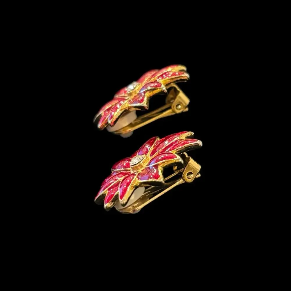 Vintage Red Enamel Poinsettia Flower Clip On Earrings Gold Tone CZ Christmas
